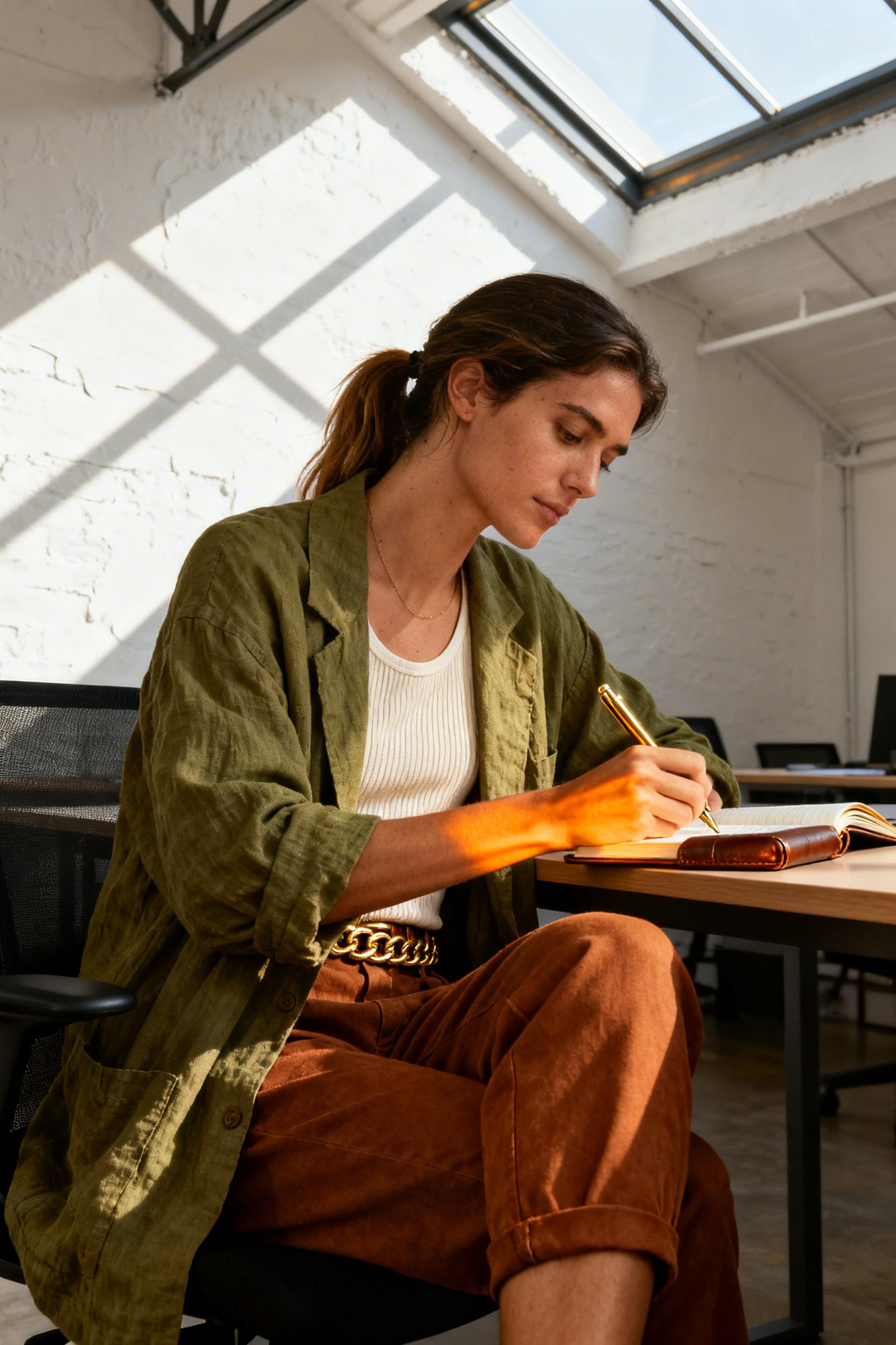 Boho Office Outfit - moss green blazer gold chain