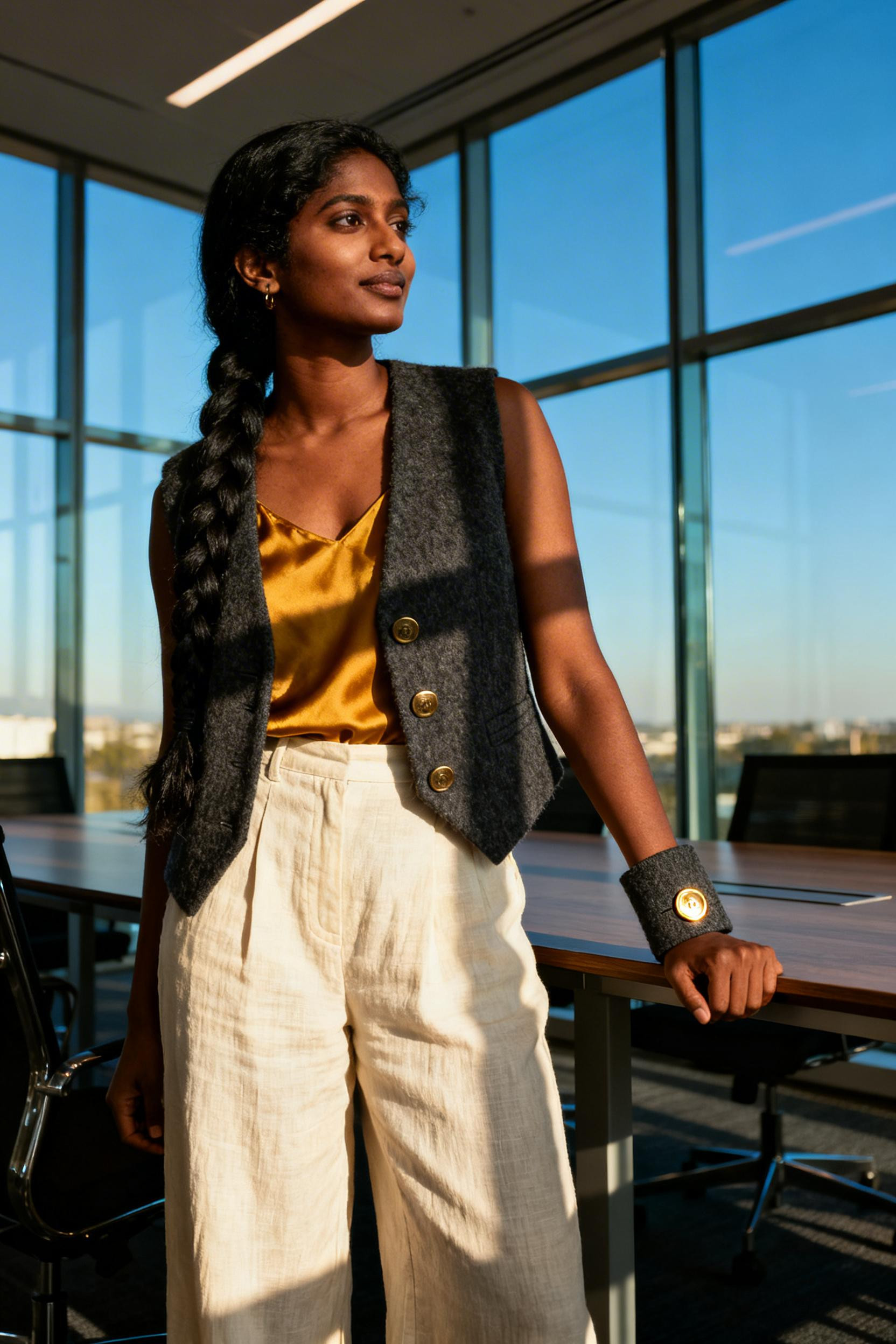 Hippie Work Outfit - charcoal vest mustard camisole