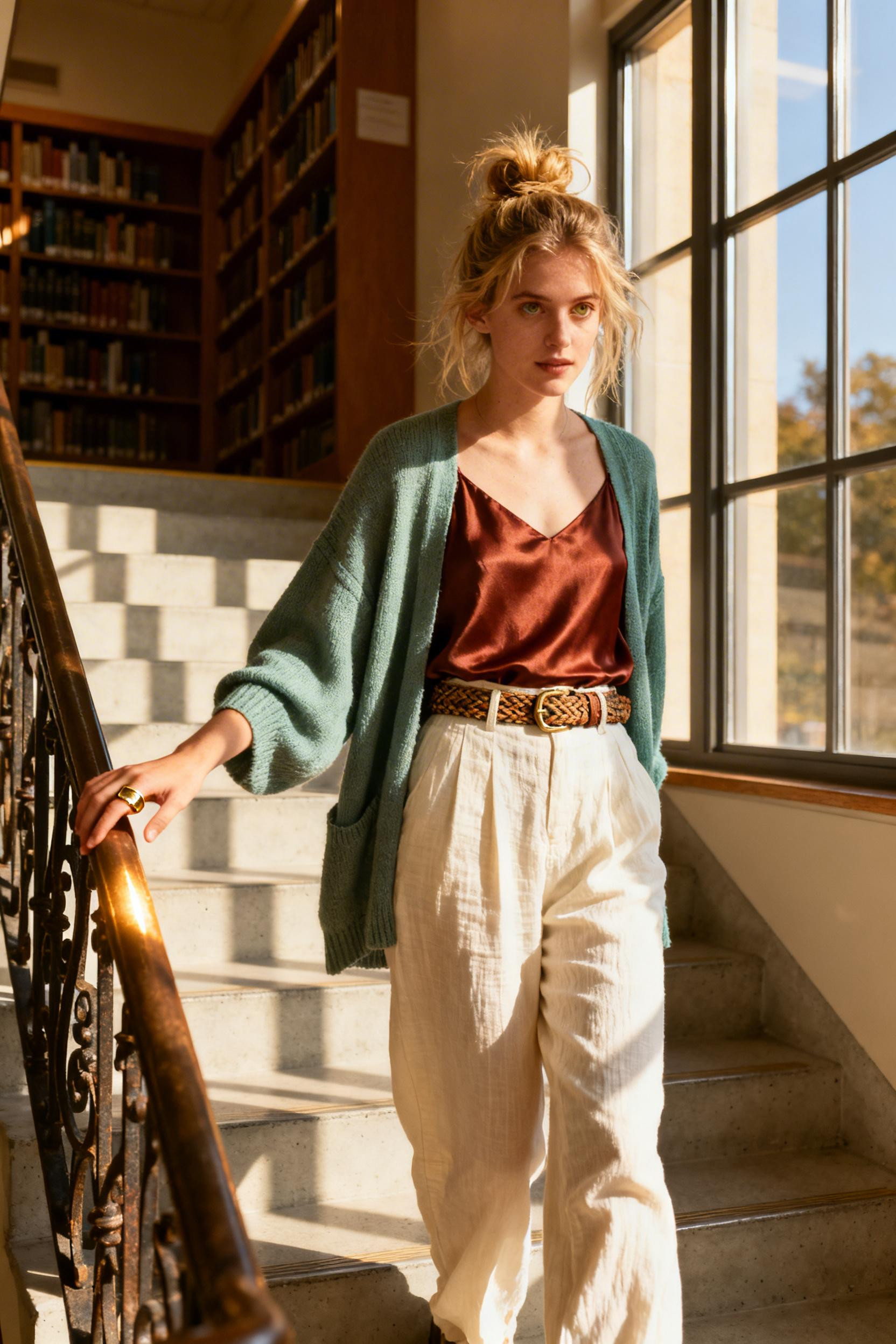 Professional Boho Outfits - sage cardigan burnt sienna