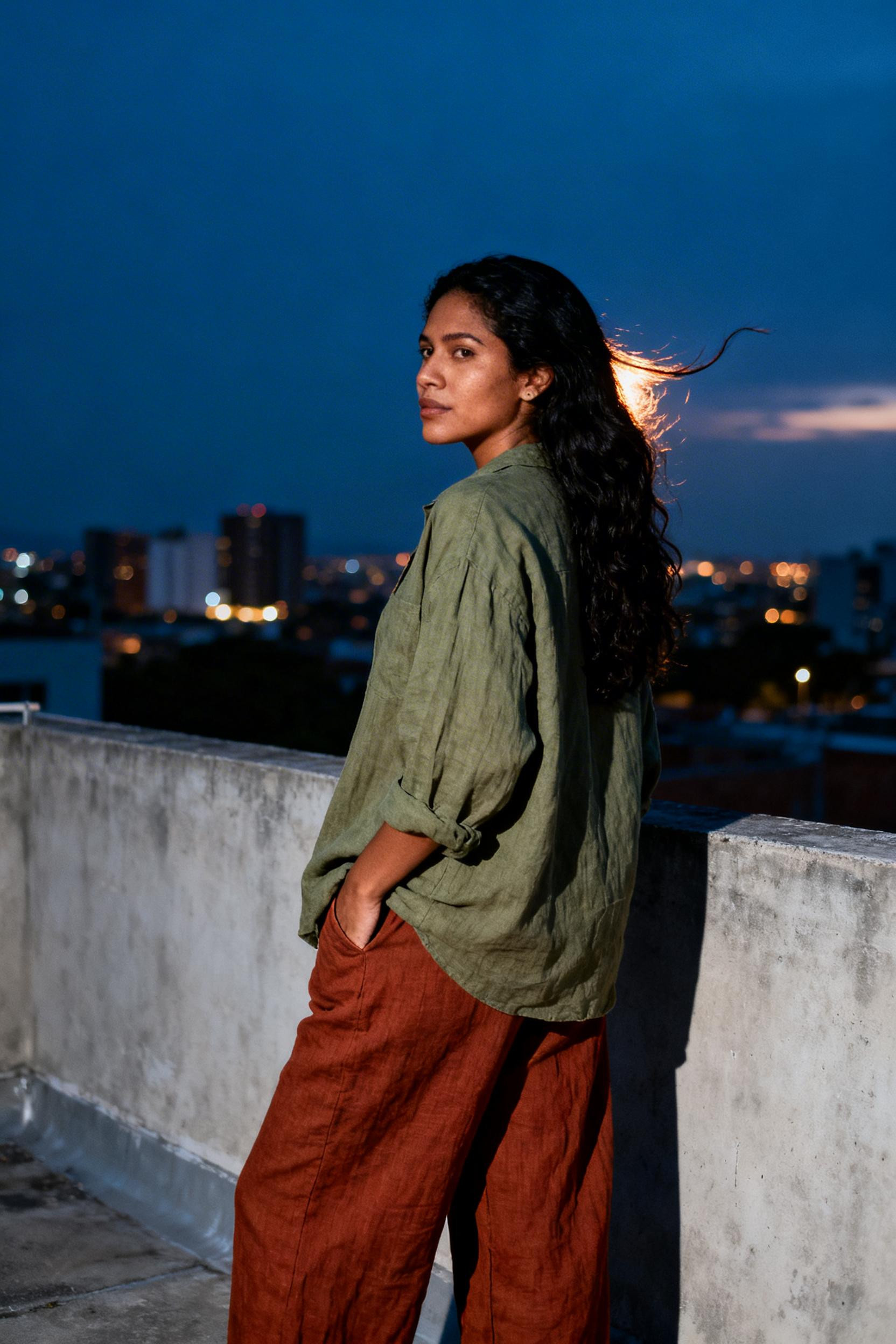 Modern Hippie Outfits - sage shirt rust trousers