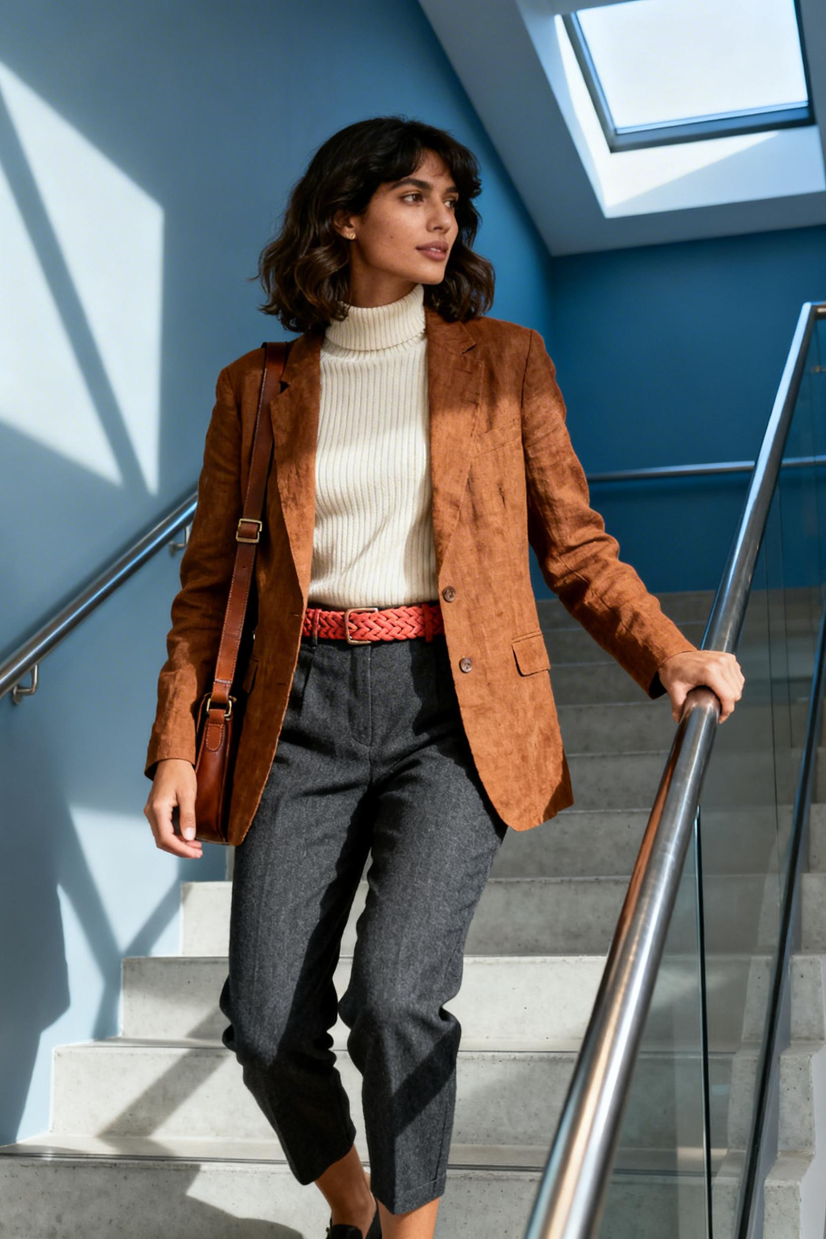 Hippie Business Casual - cognac blazer cream turtleneck