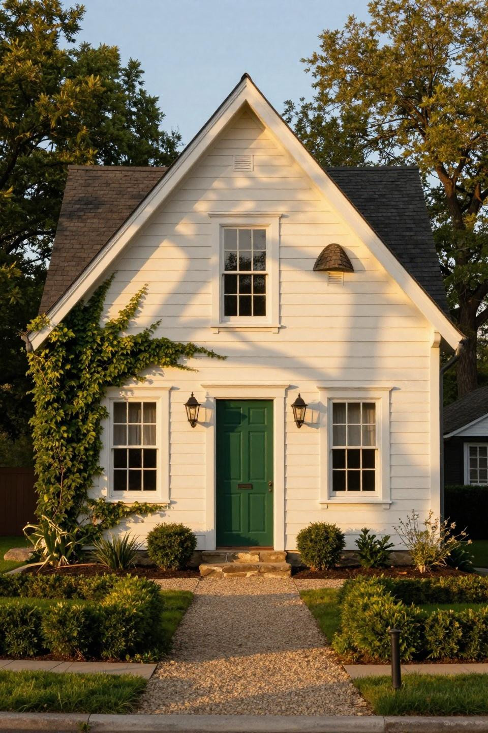 Bloxburg cottage with whitewashed timber siding and dark gable roof