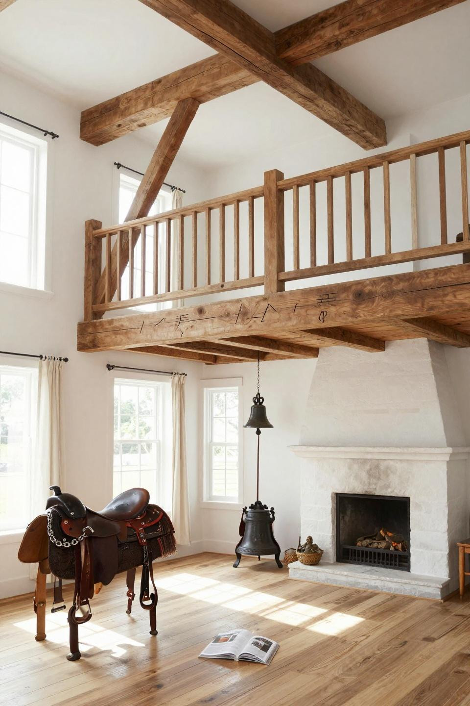 Bloxburg cottage great room with exposed hand-hewn timber rafters