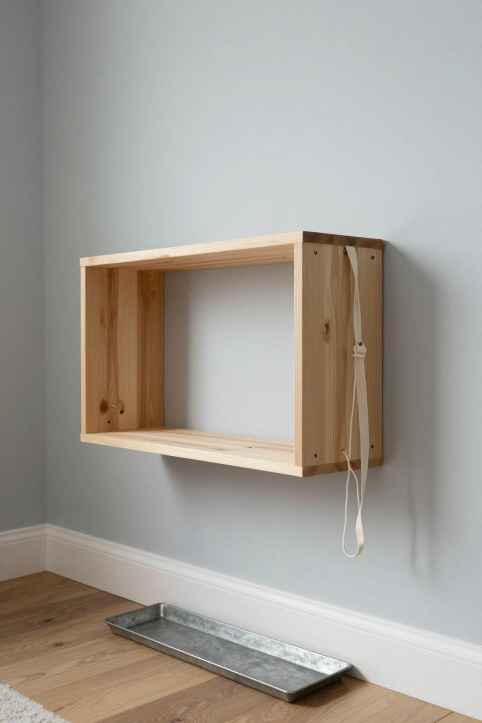 Bloxburg cottage mudroom with compact DIY raw pine shelving