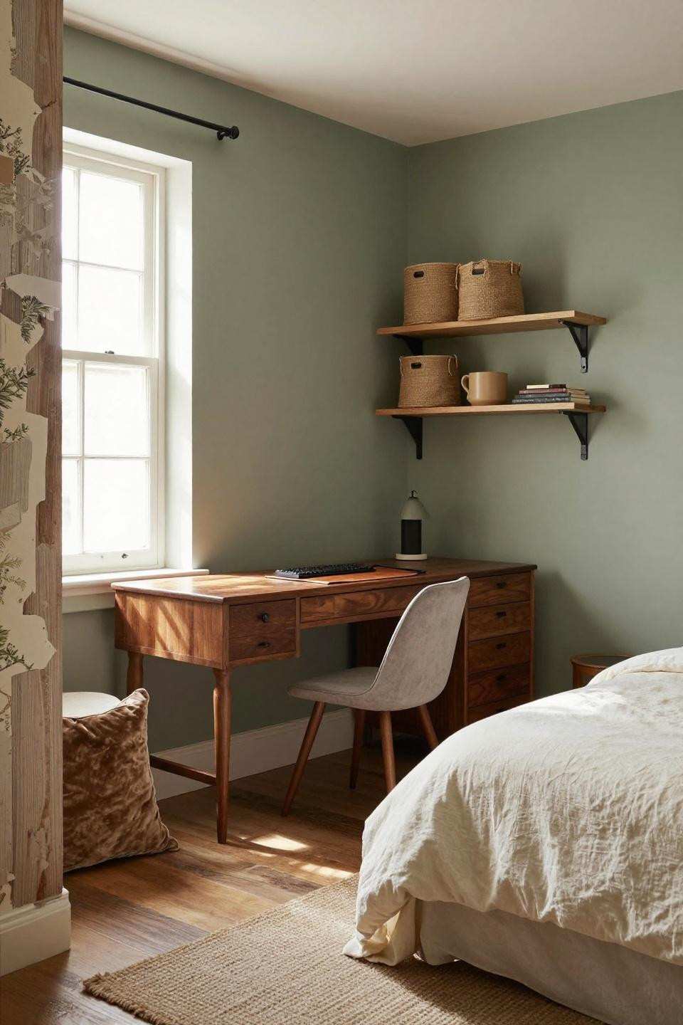 Bloxburg cottage bedroom office with exposed cross-beams