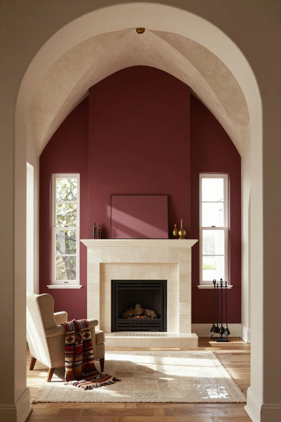 Bloxburg cottage parlor with saturated burgundy accent wall