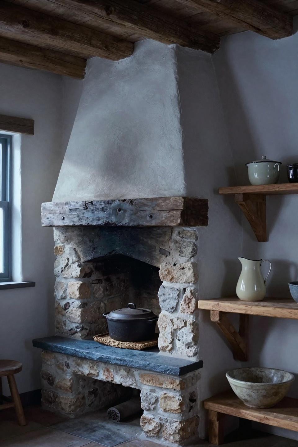 Bloxburg country house kitchen with rough-hewn fieldstone chimney