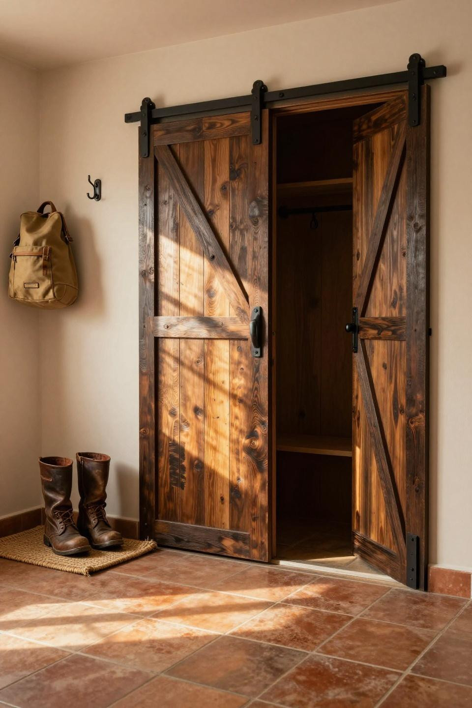 Bloxburg house inspo featuring salvaged barn doors with dark walnut patina