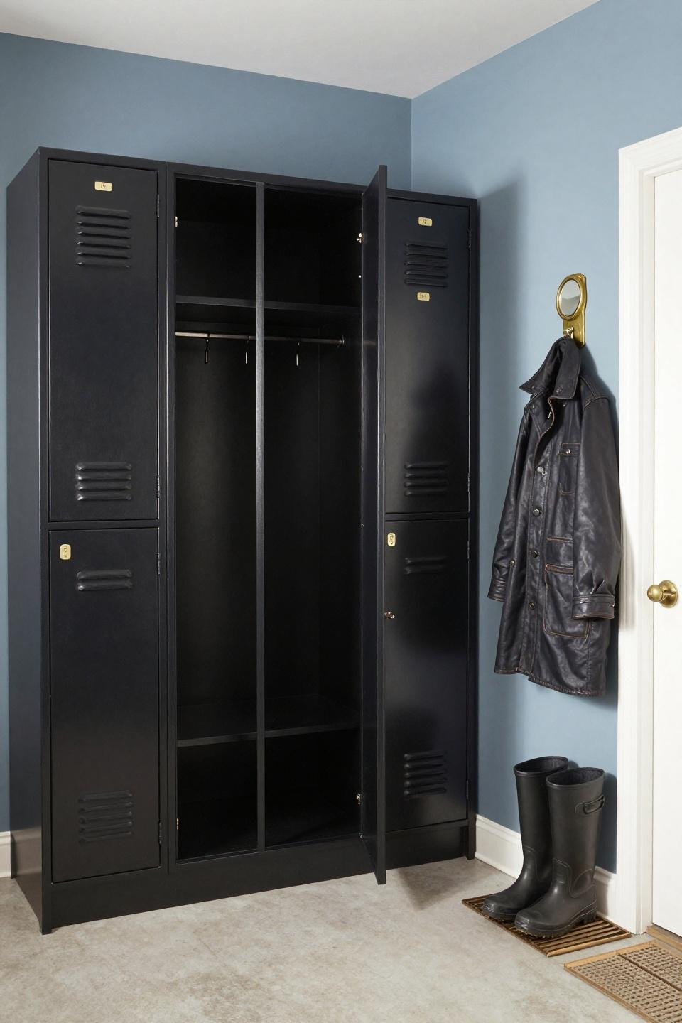 Bloxburg farmhouse mudroom with floor-to-ceiling blackened steel locker system