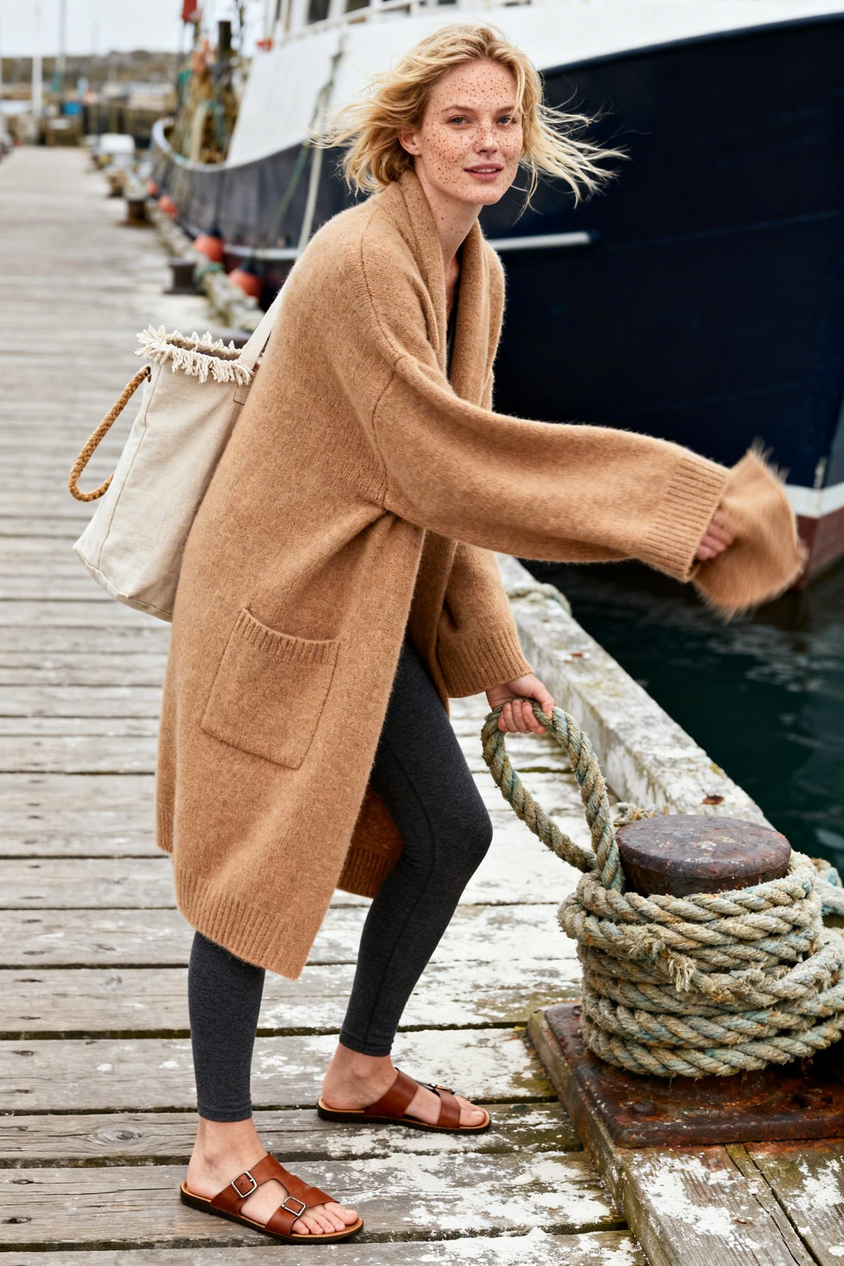 Comfy Outfits - charcoal leggings with camel cardigan