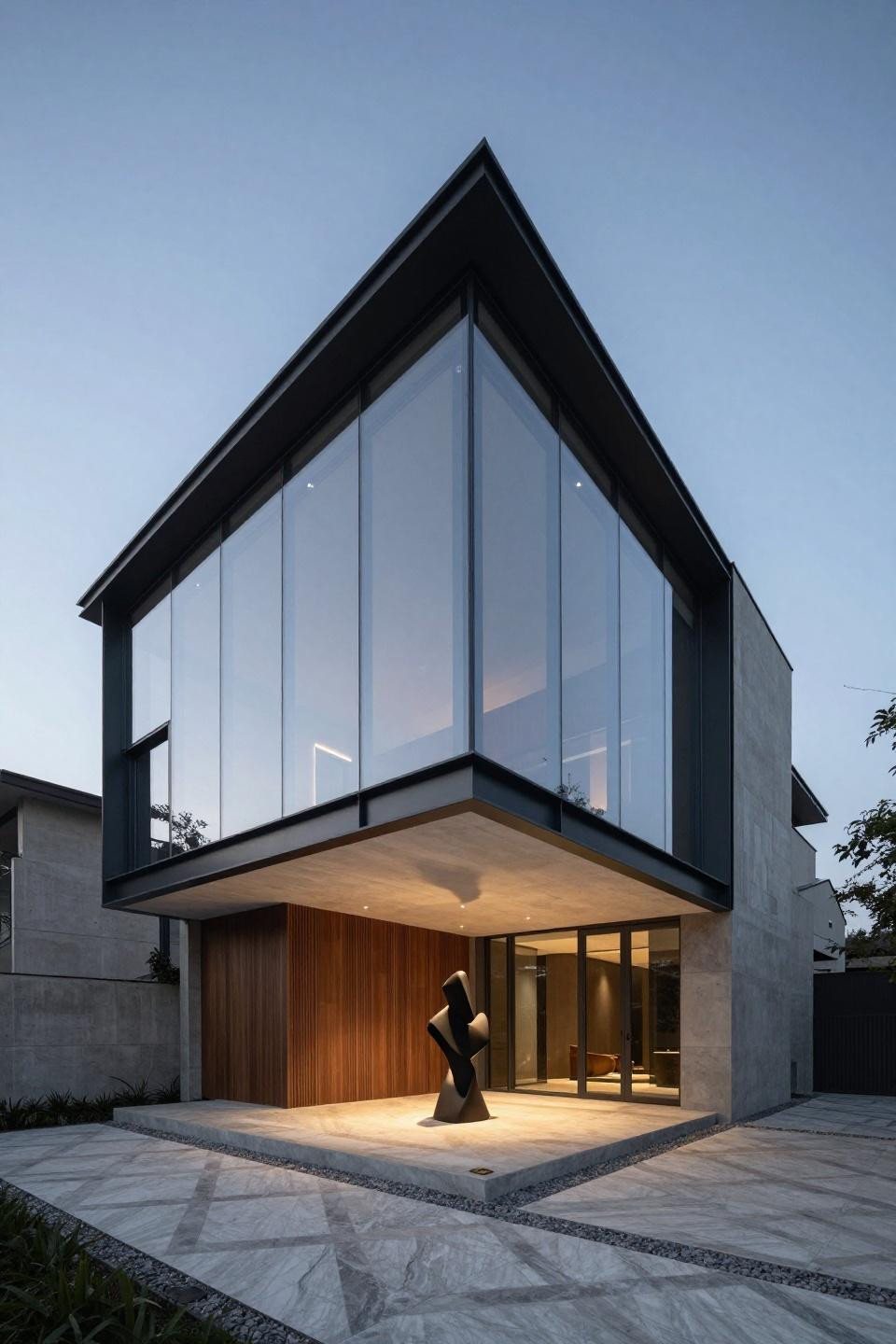 Ultra-modern glass Bloxburg mansion with floor-to-ceiling transparent panels and integrated smart lighting