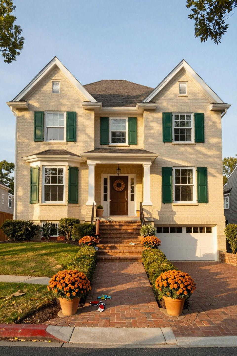 Traditional cream brick suburban mansion with forest green shutters and columned front porch