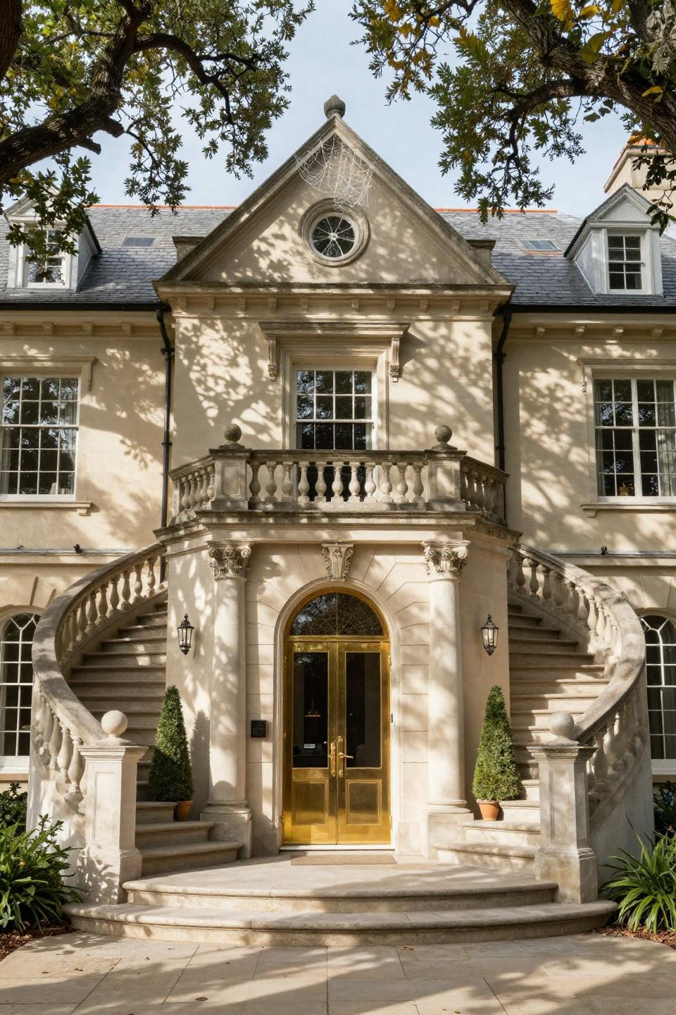 Georgian Revival limestone mansion exterior with dual curved staircases and columned portico