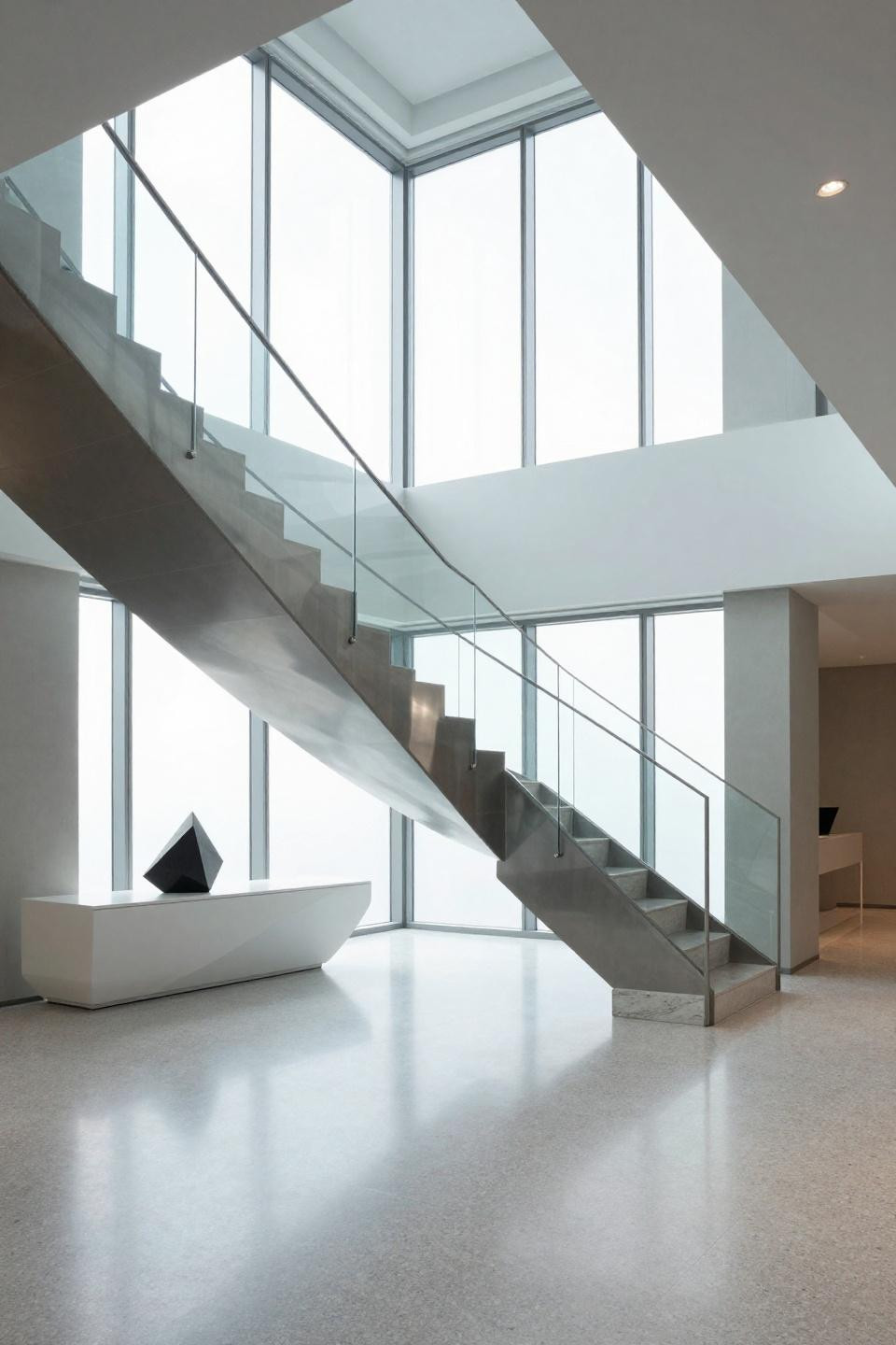 Contemporary double-height foyer with floating glass staircase and polished terrazzo in Bloxburg mansion