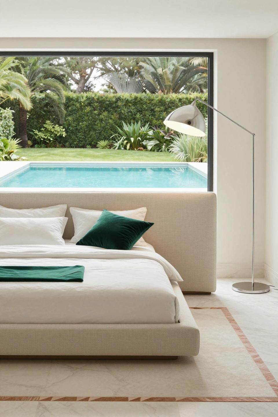 Contemporary master suite with cream marble and rose gold geometric flooring overlooking infinity pool