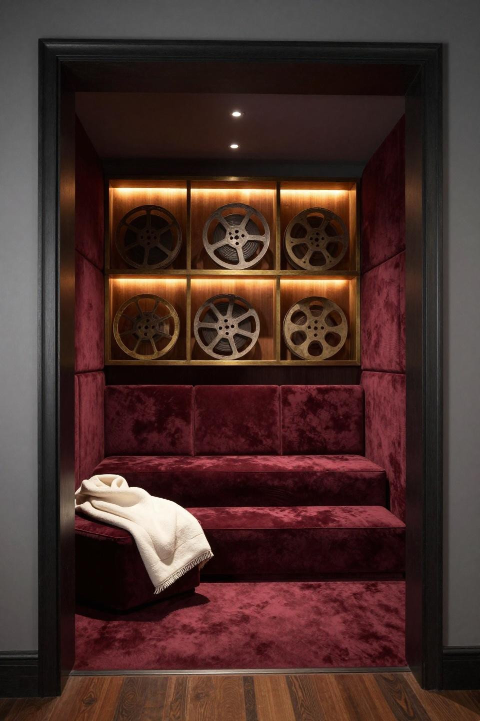 Charcoal acoustic home theater lounge with tiered burgundy velvet seating in rich Bloxburg mansion