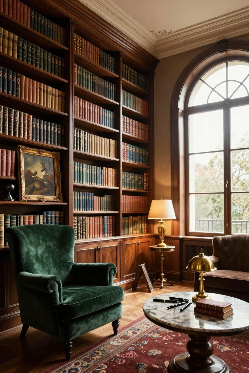 Forest green maximalist library with floor-to-ceiling mahogany shelving in Bloxburg mansion
