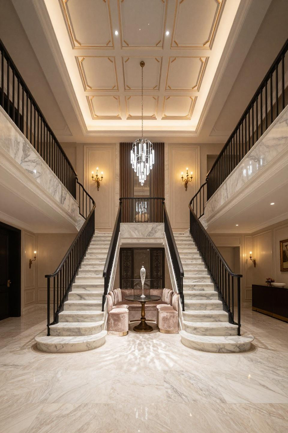 Art deco Bloxburg mansion ballroom with curved marble staircases and geometric ceiling