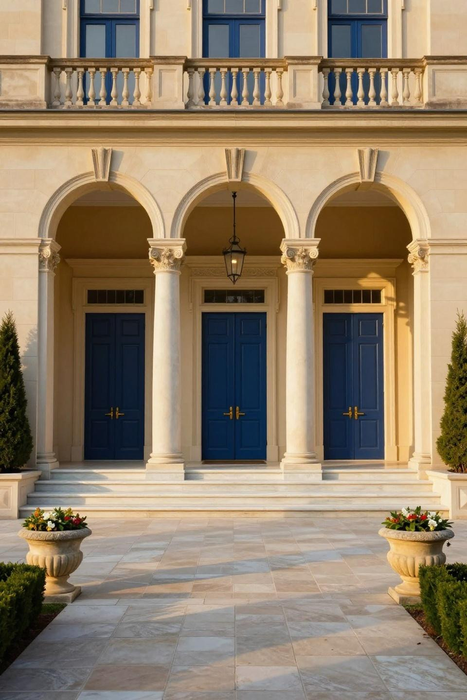 Cream neoclassical Bloxburg mansion with Corinthian columns and marble staircases