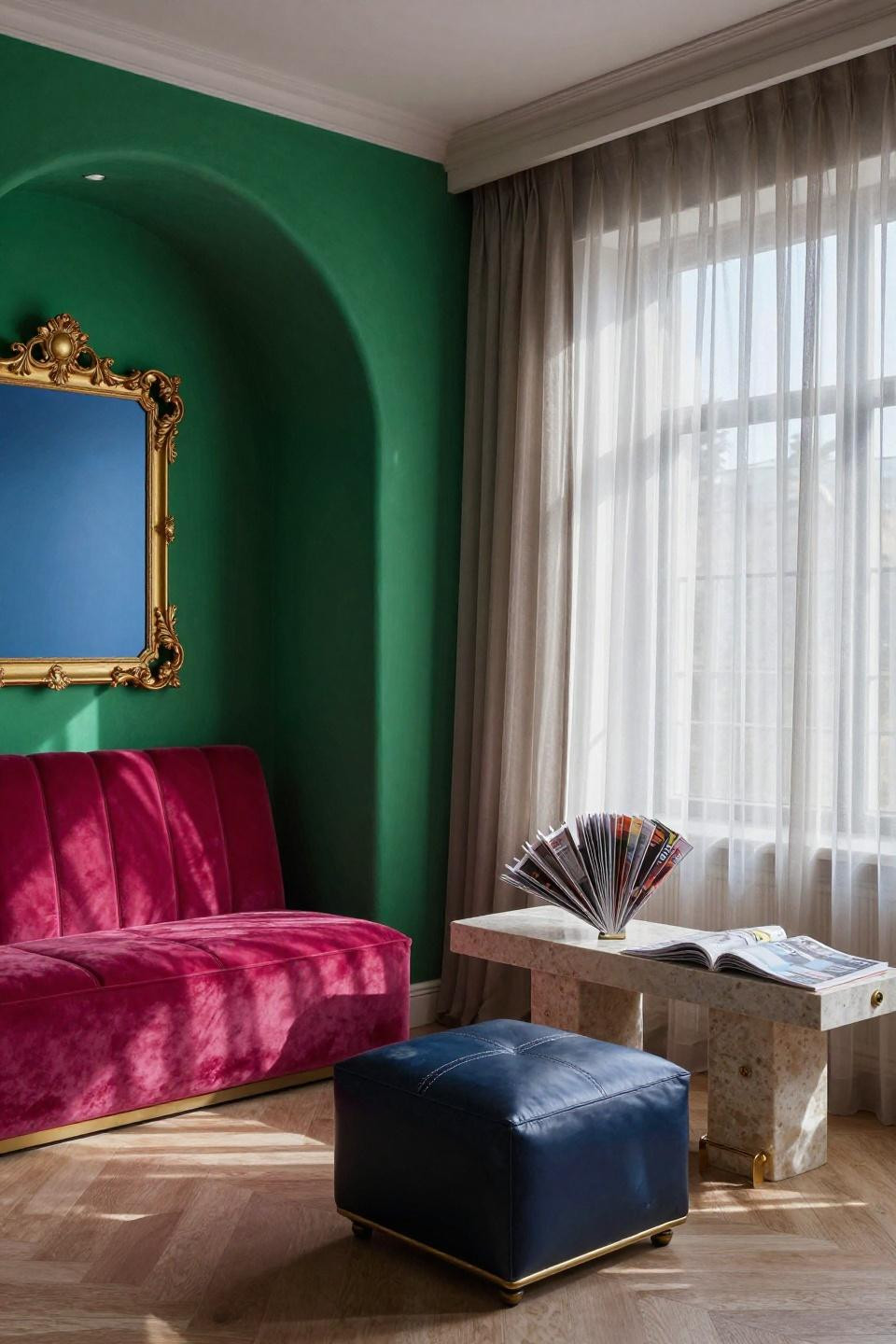 Bloxburg mansion interior with emerald walls and fuchsia velvet seating
