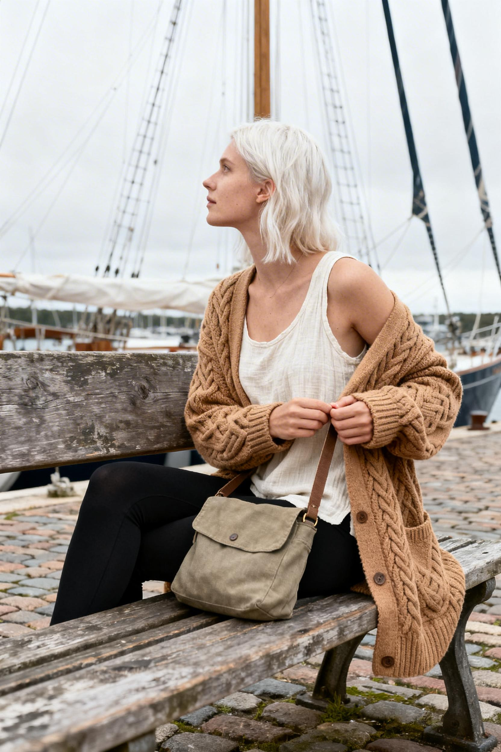 Outfit Inspo With Leggings - camel cable-knit cardigan black leggings