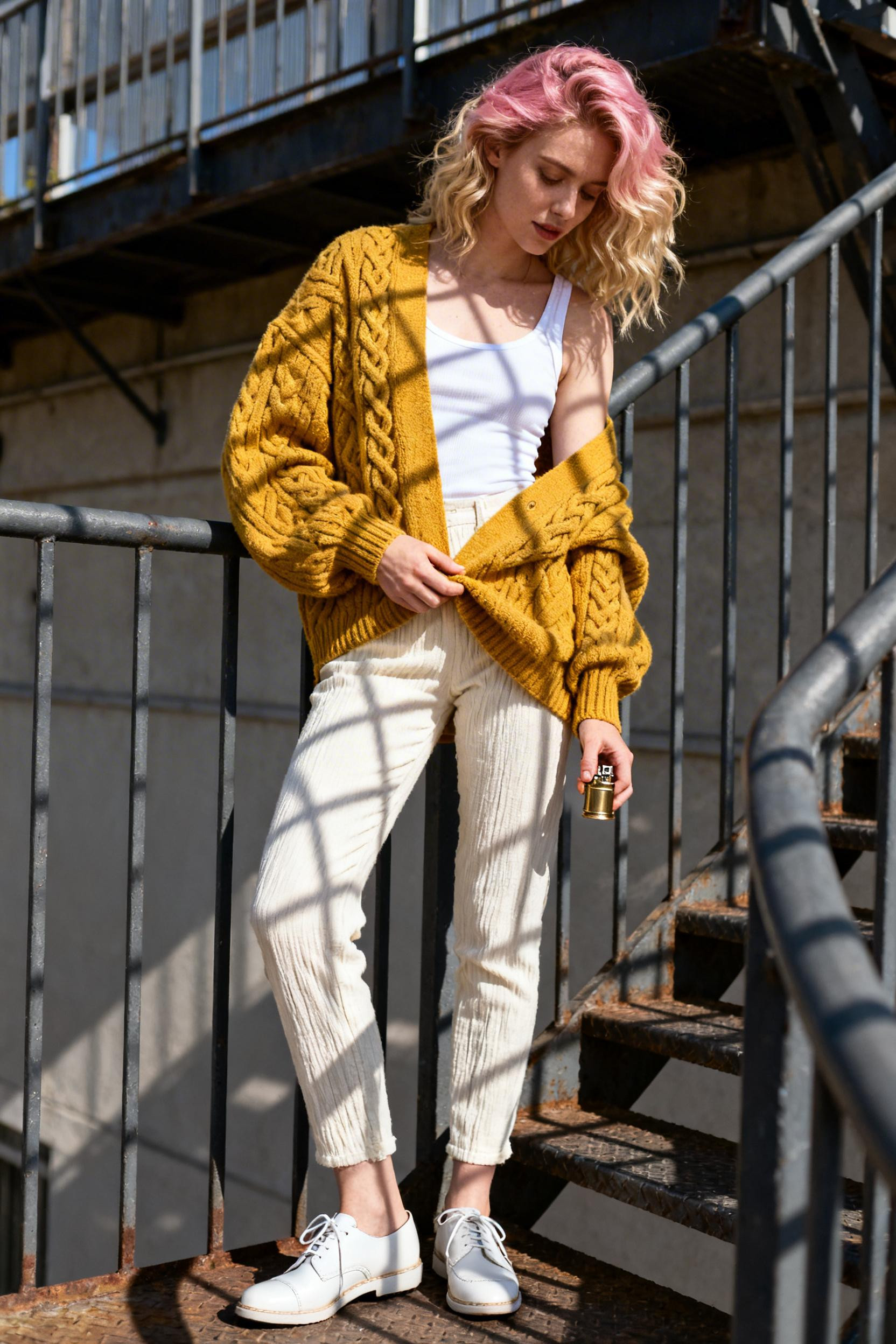 Simple Outfits With Leggings - mustard cable-knit sweater
