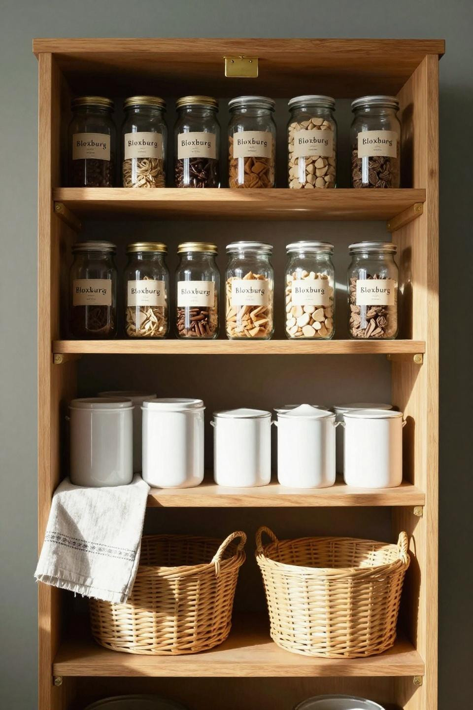 Blox Burg kitchen with compact pine pantry alcove