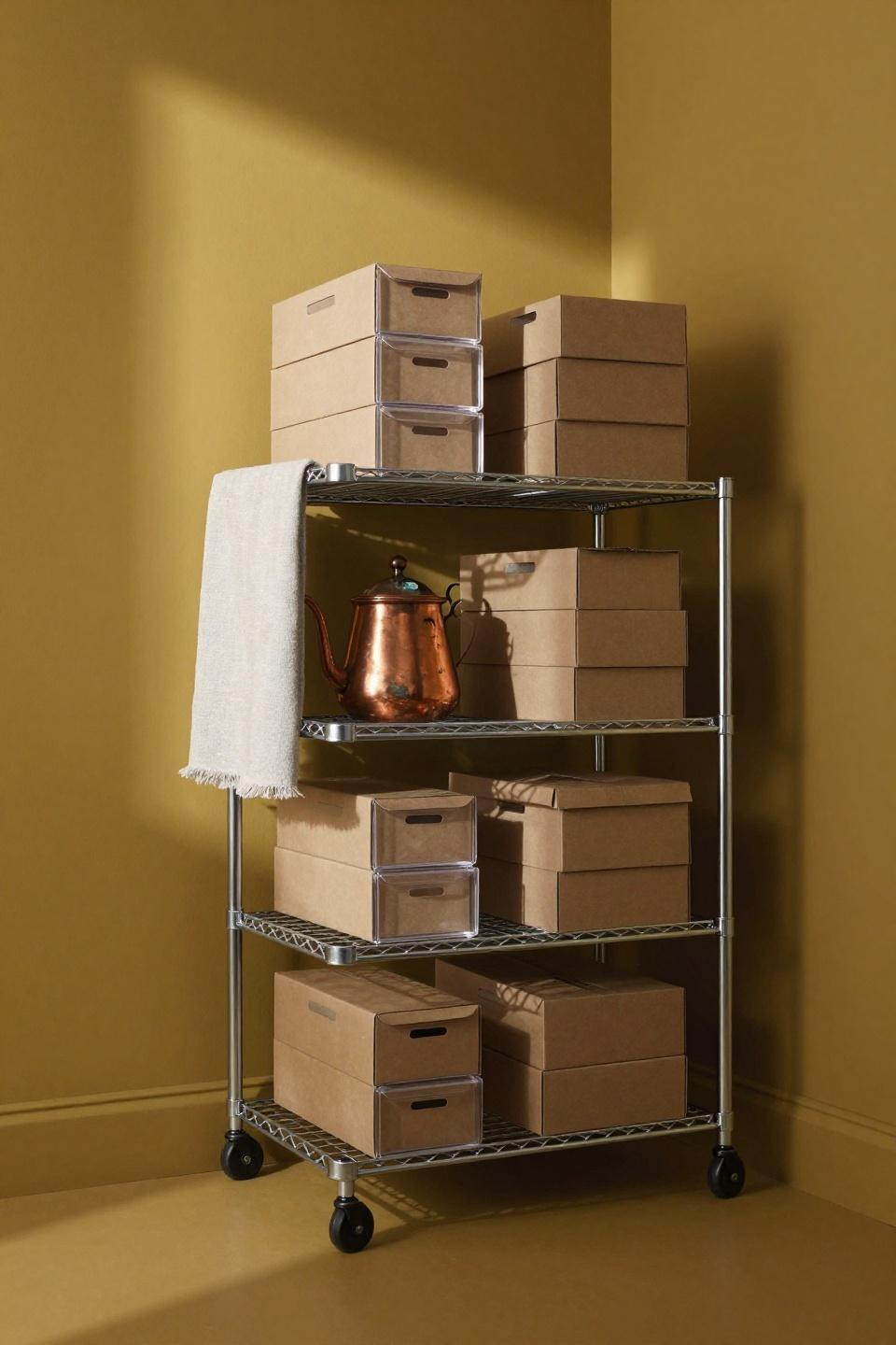 Bloxburg pantry ideas with mobile wire cart and mustard walls
