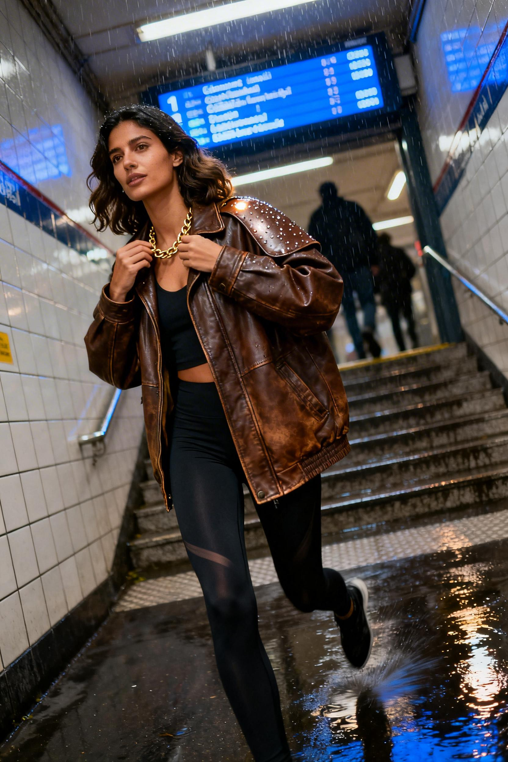 Leggings And Shorts Outfit - black leggings brown leather