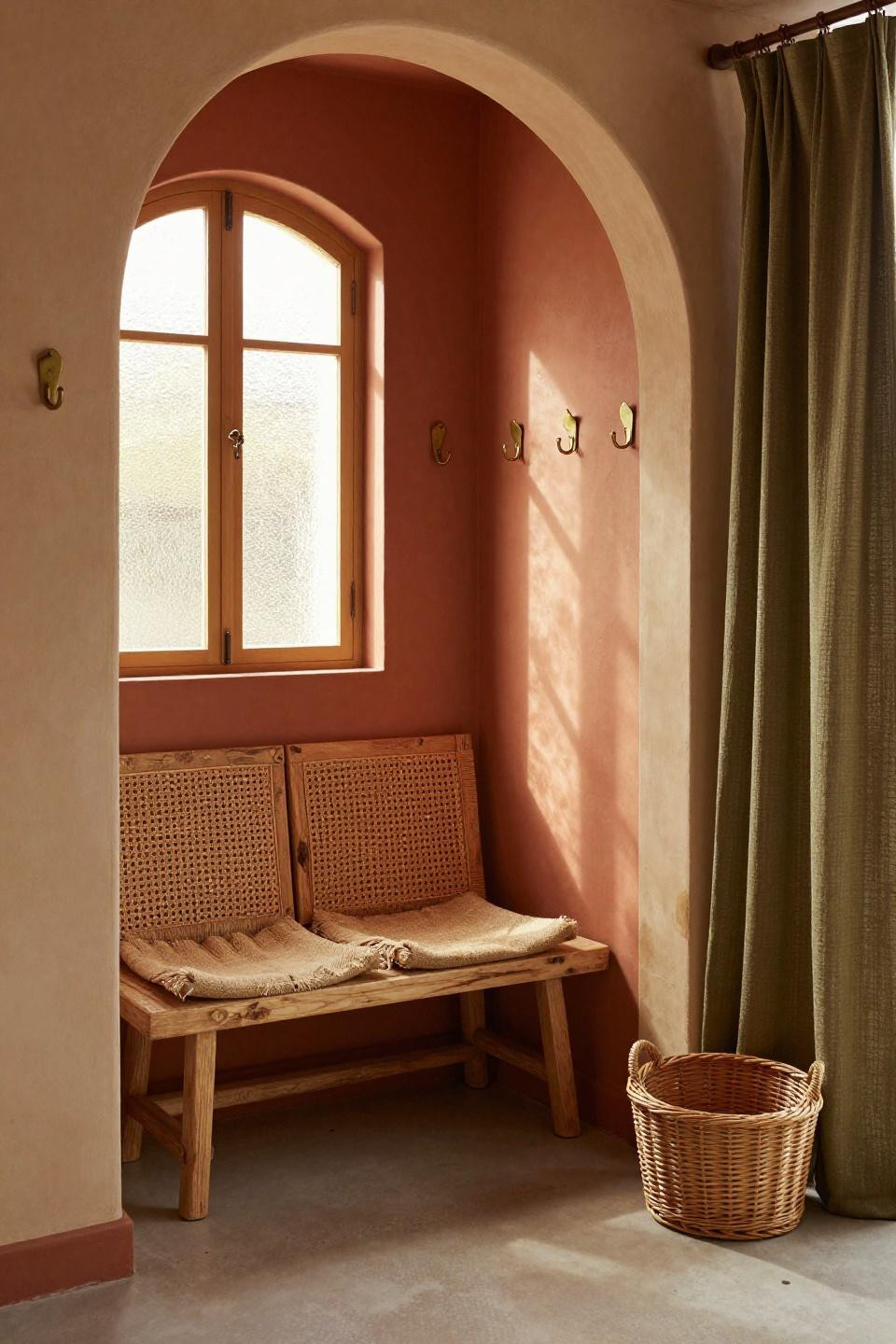 Bloxburg front door ideas with reclaimed timber bench featuring woven rattan panel