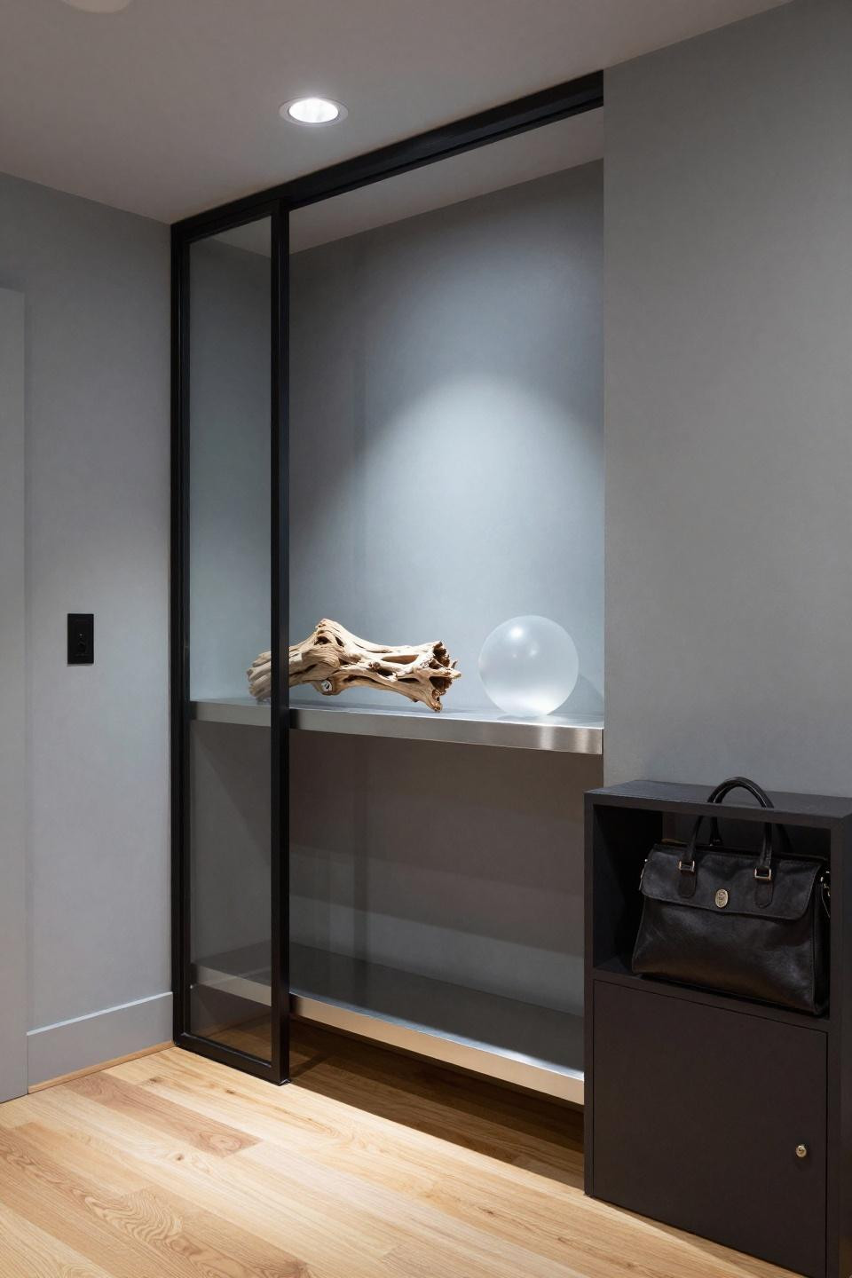 Bloxburg front door ideas with matte black metal-framed glass partition