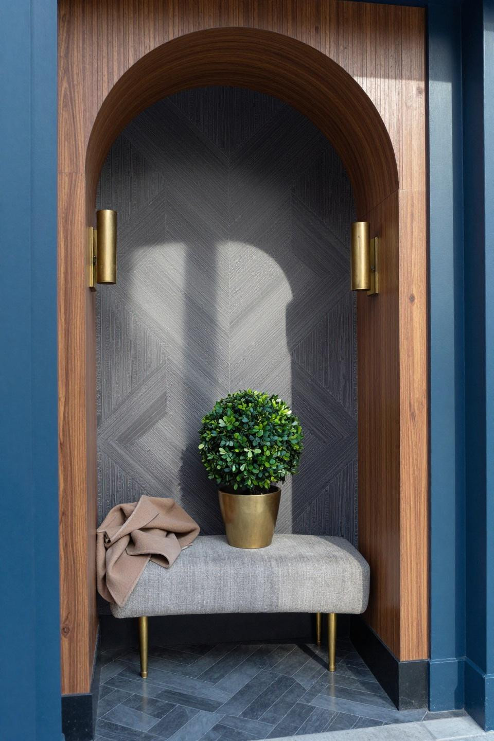 Bloxburg front door ideas with fluted walnut curved wall panel