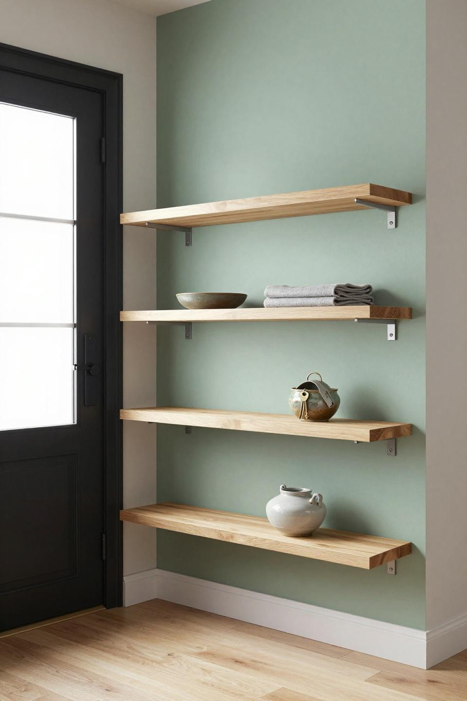 Bloxburg front door ideas with floating pale ash wood three-tier shelf system