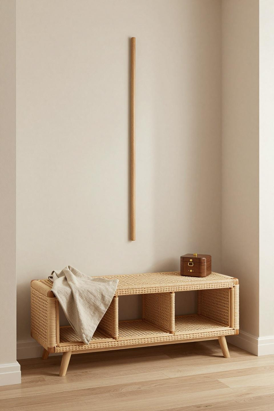 Bloxburg front door ideas with low-profile natural rattan woven bench