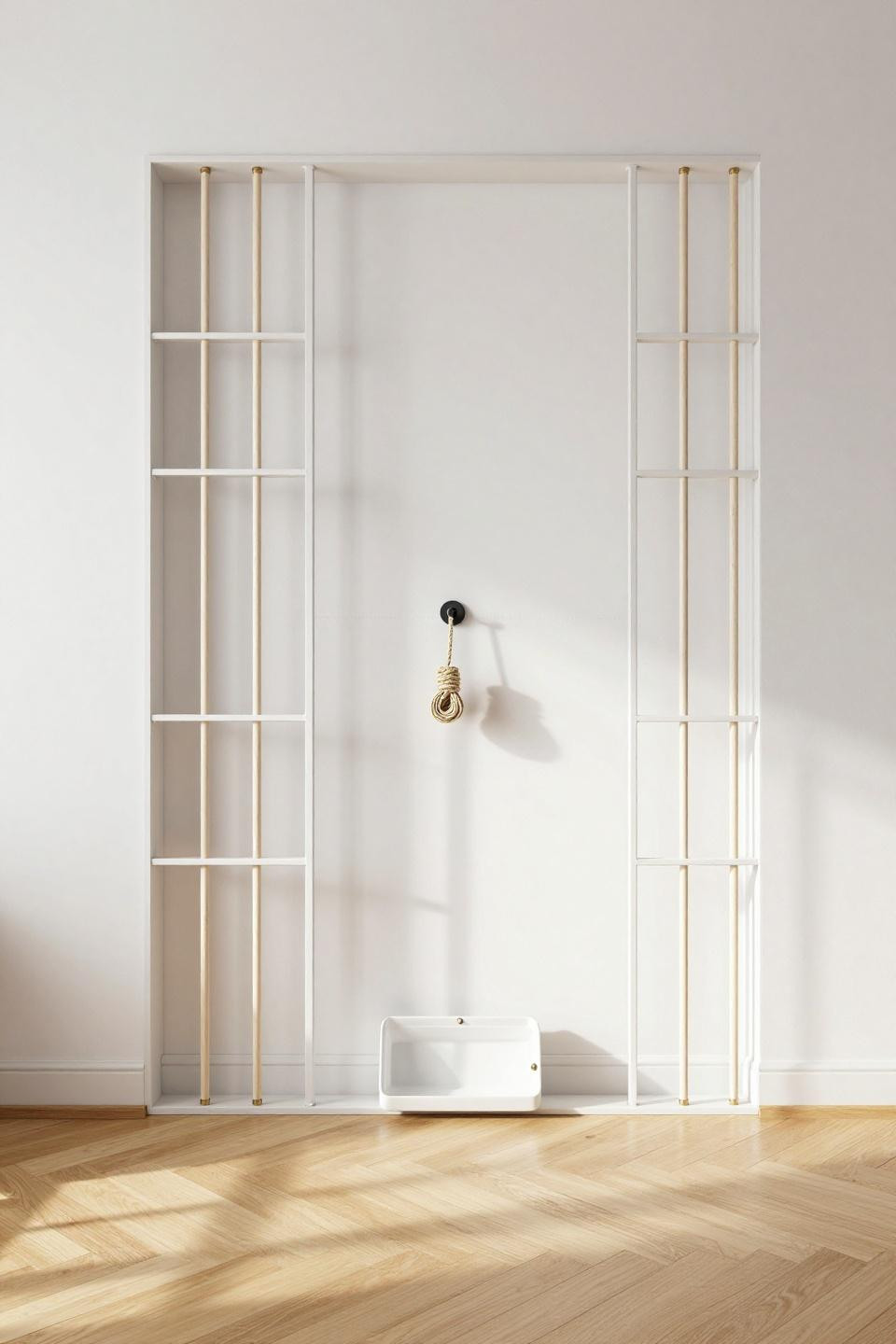 Bloxburg front door ideas with tall floor-to-ceiling pale birch dowel grid