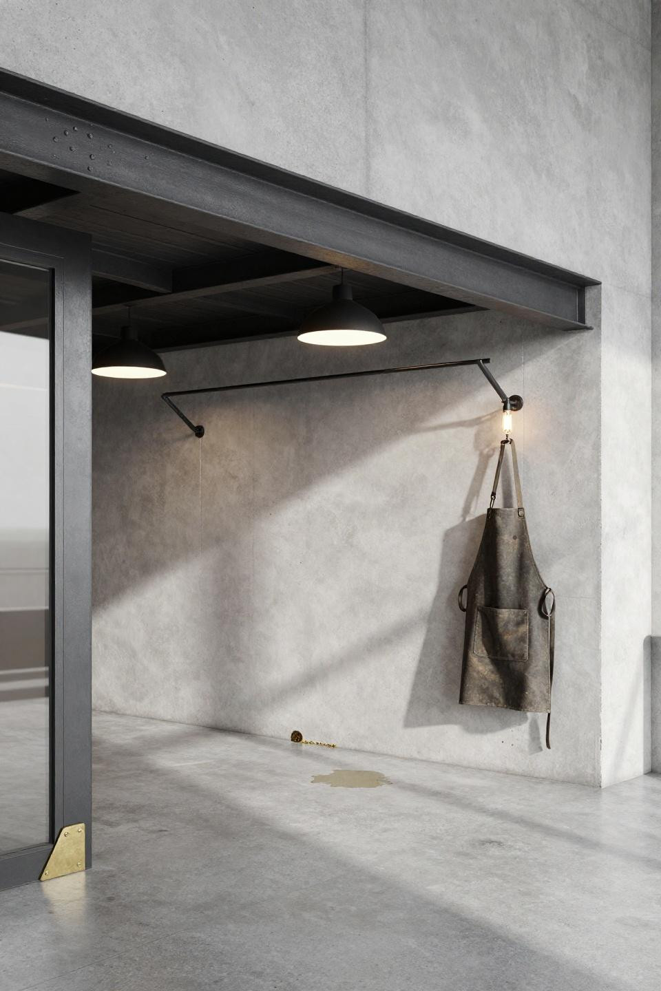 Bloxburg front door ideas with raw concrete accent wall and exposed steel I-beam