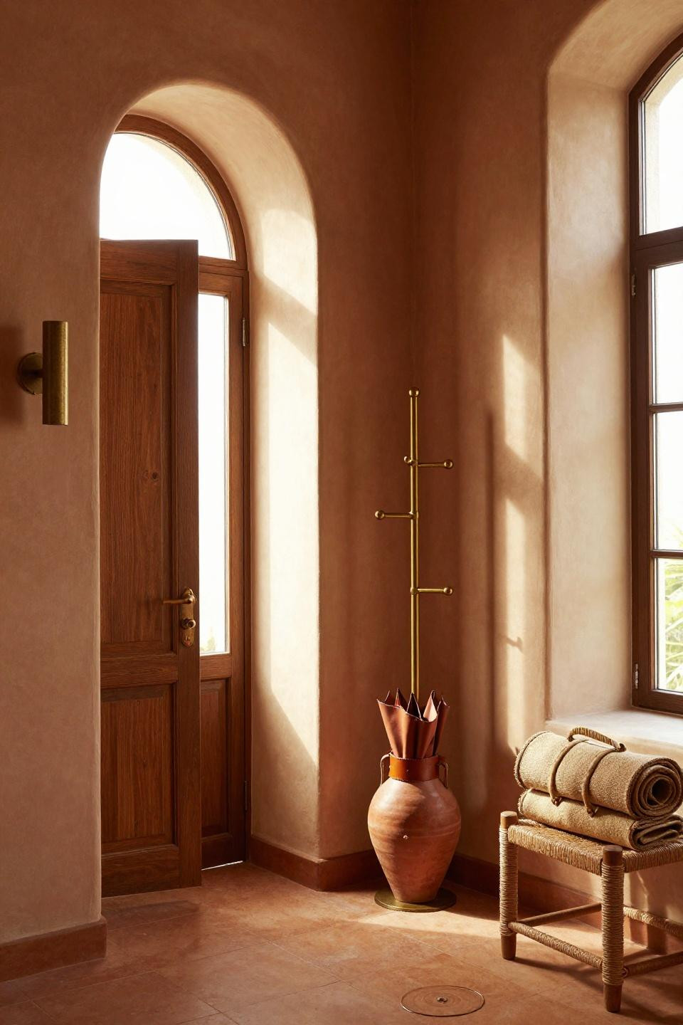 Bloxburg front door ideas with curved terracotta plaster alcove