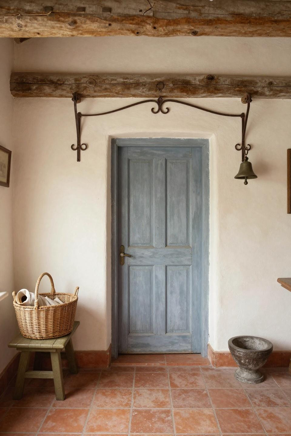 Bloxburg front door ideas with weathered blue-grey painted wooden door