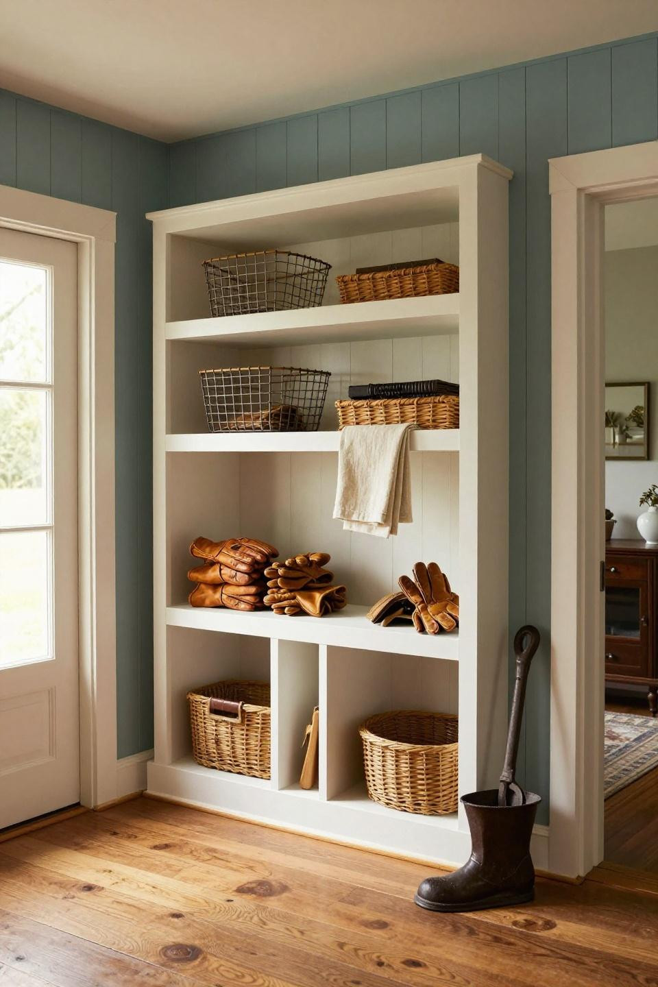 Bloxburg mudroom with hand-painted blue-green shiplap wall paneling