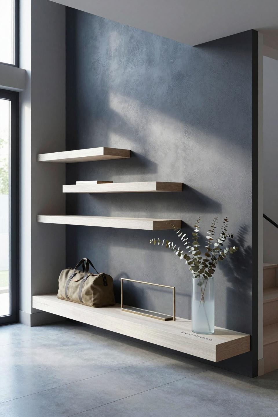 Bloxburg house entrance ideas with asymmetrical white oak floating platform shelving