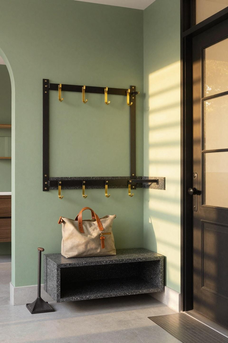 Bloxburg mudroom ideas with custom blackened steel modular wall-mounted rail
