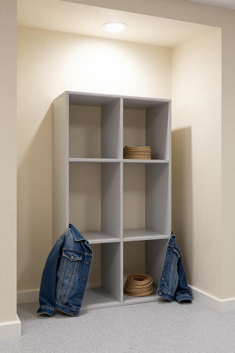 Bloxburg empty space ideas with transitional pale grey composite cube storage