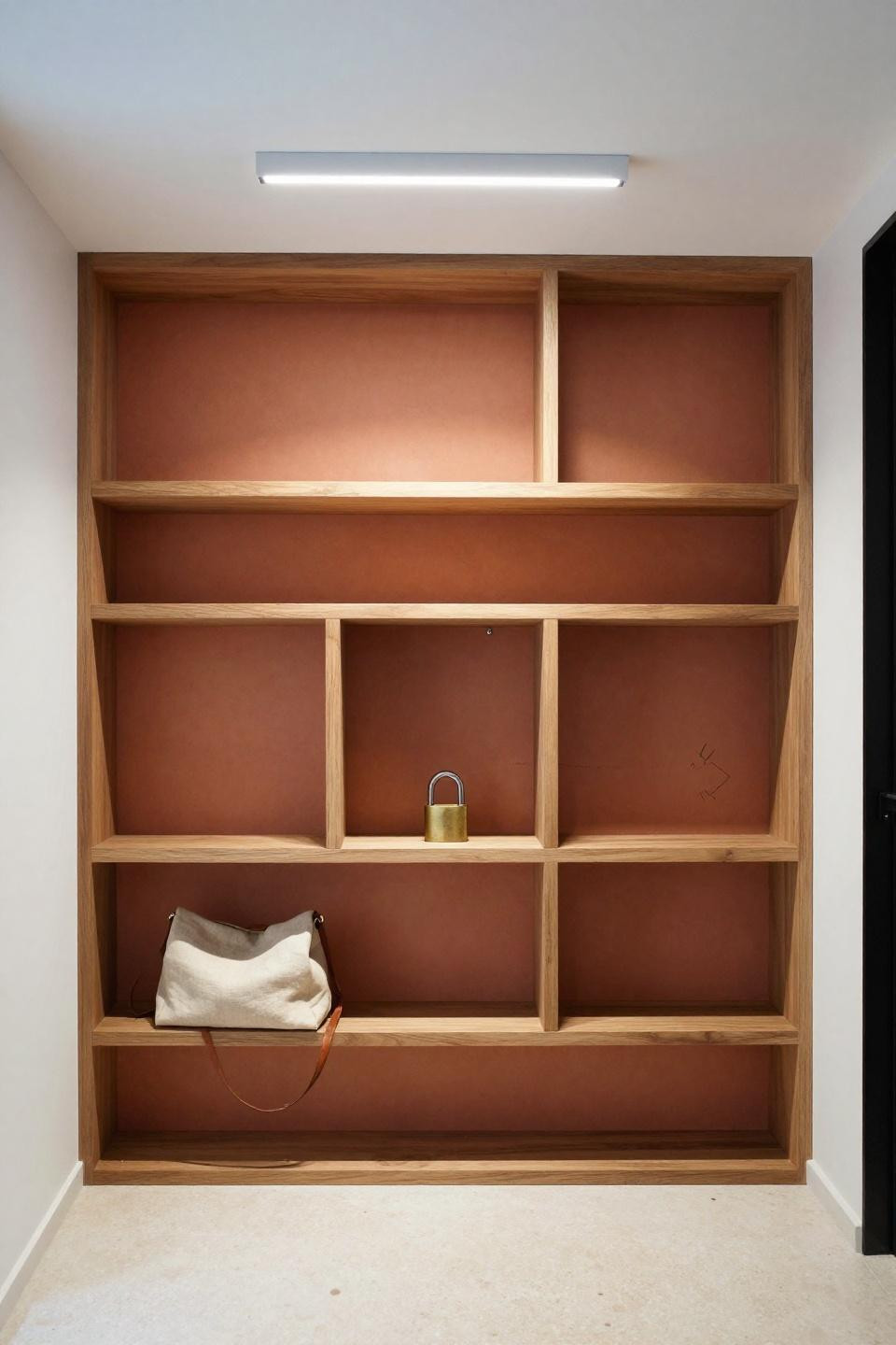 Bloxburg front door ideas with bleached ash wood floating box shelving