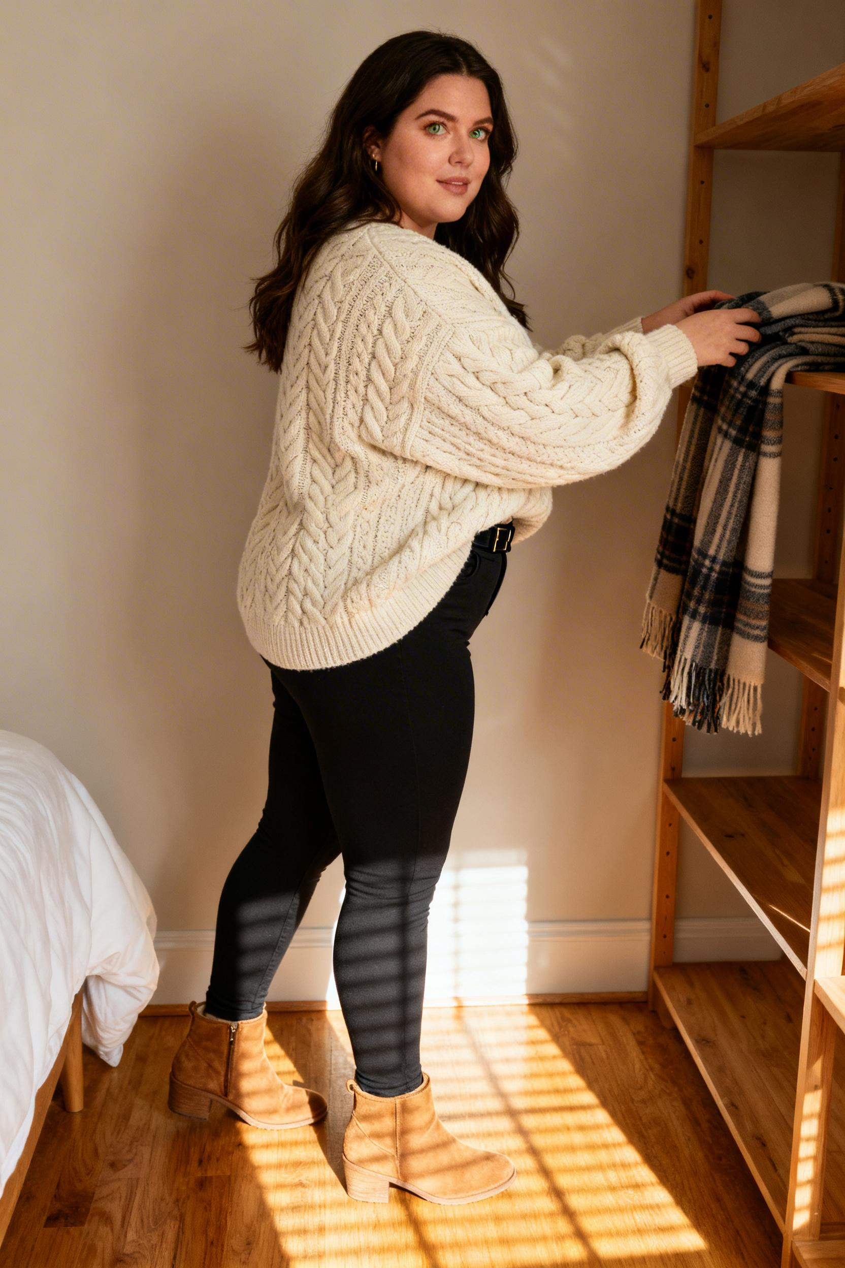 Midsize Leggings Outfit - cream sweater black leggings tan boots