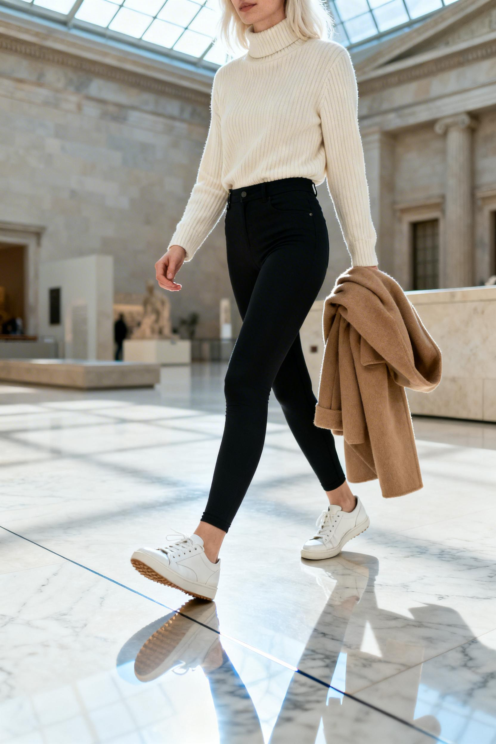 How To Wear Leggings - cream turtleneck black leggings