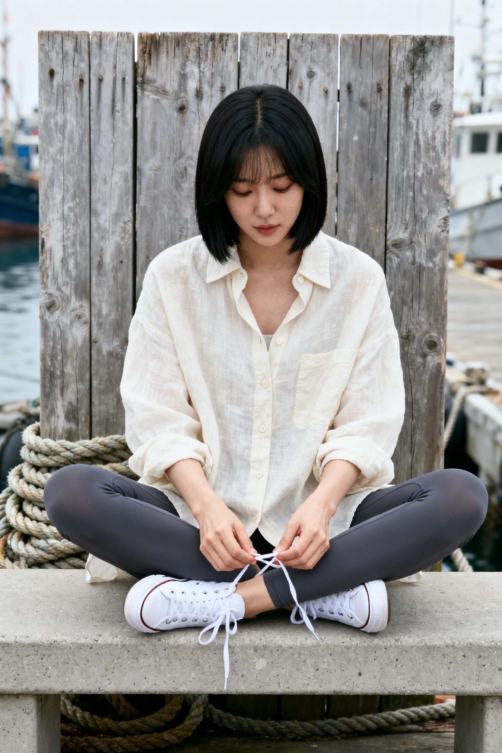 Leggings Outfit Ideas - cream linen shirt charcoal leggings