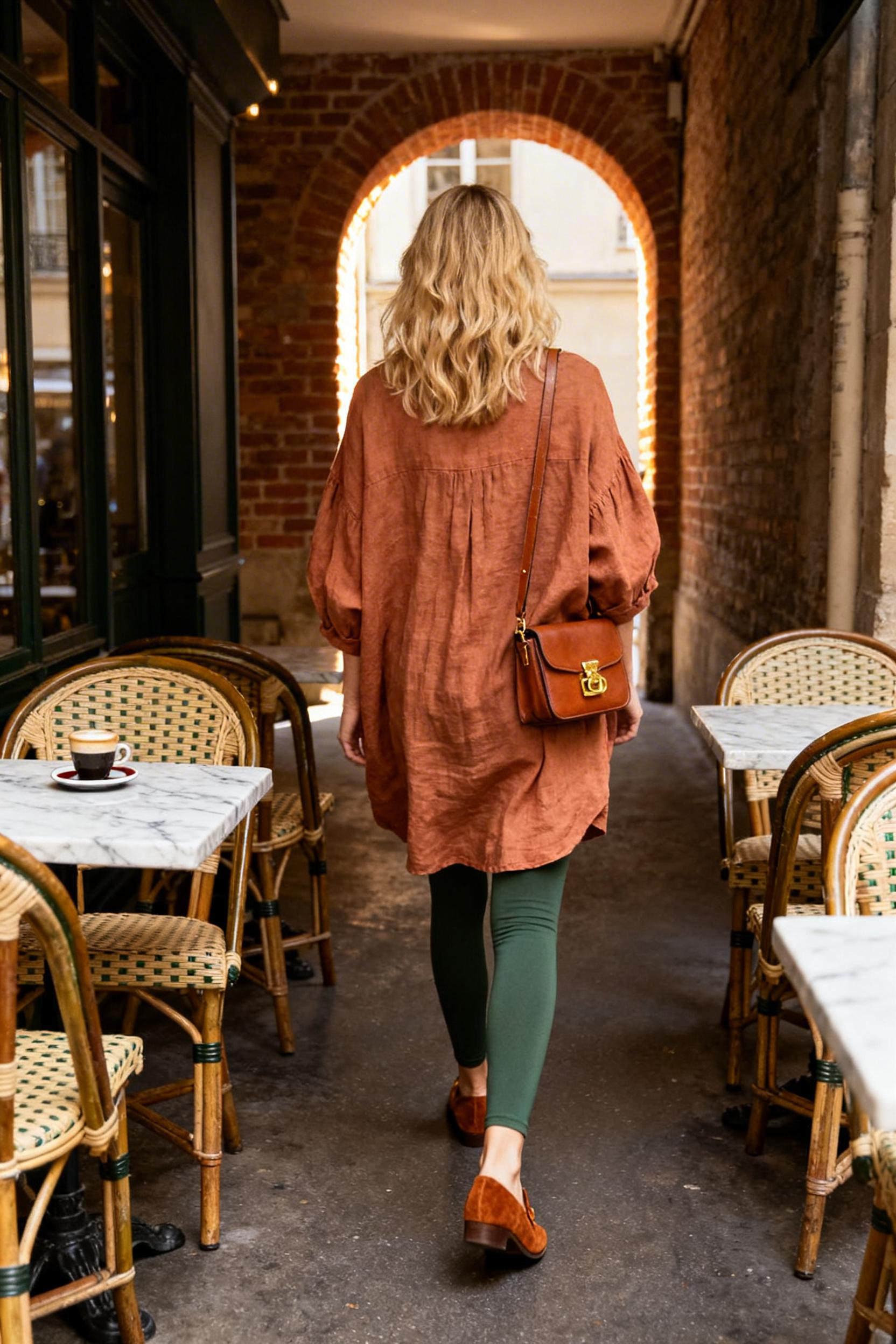 Midsize Leggings Outfit - tobacco tunic green leggings