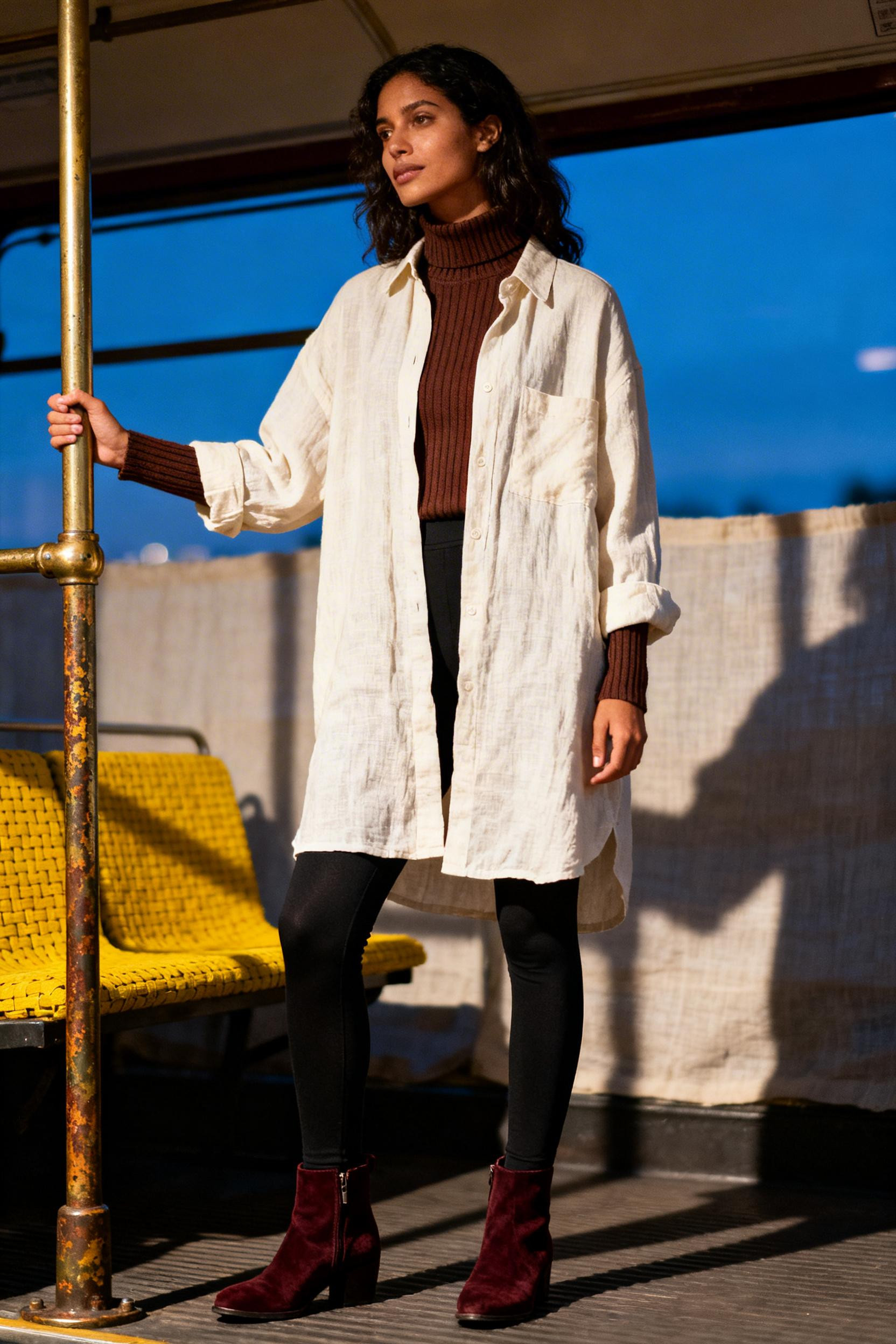 How To Wear Leggings - cream linen shirt burgundy boots