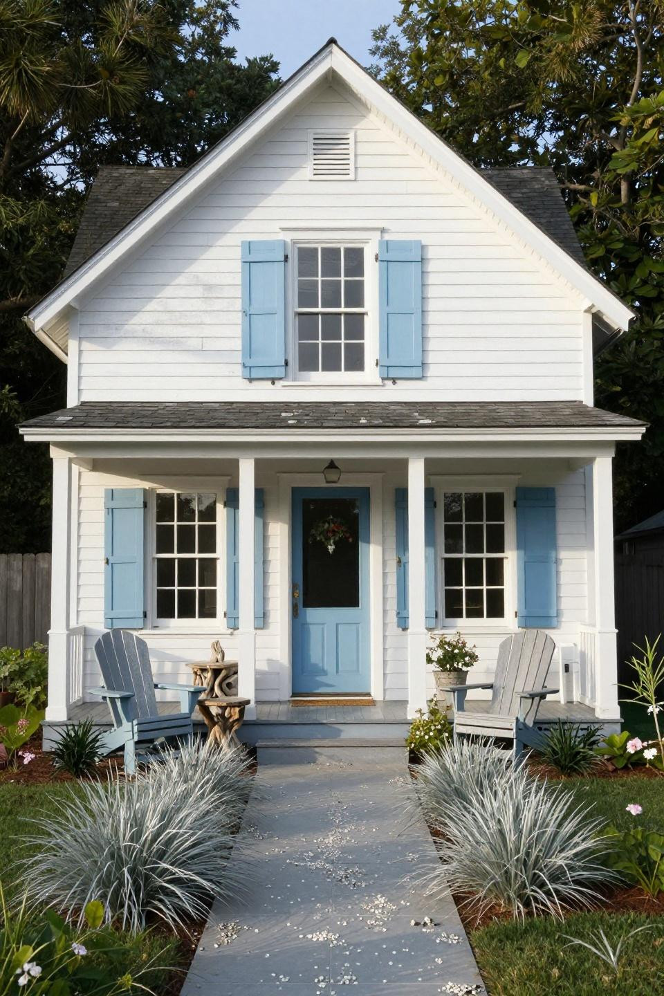 Coastal house layout with white cottage and soft blue shutters