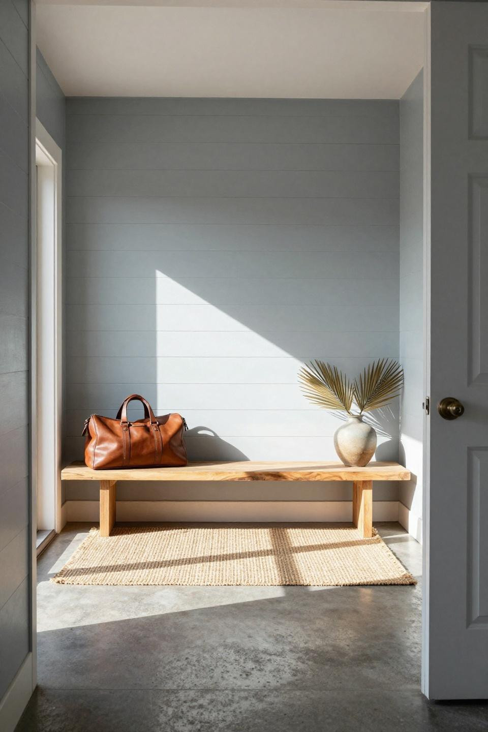 Bloxburg summer house entry with pale grey-blue shiplap and leather weekender bag